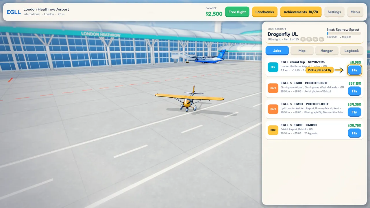 The airport screen: a yellow ultralight on the apron and the job board