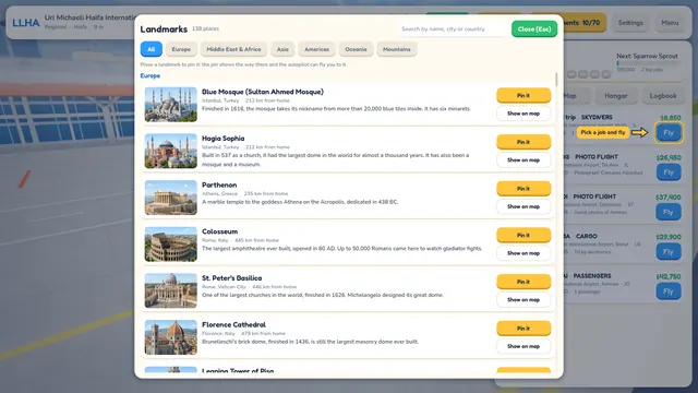 The landmarks browser listing 138 places