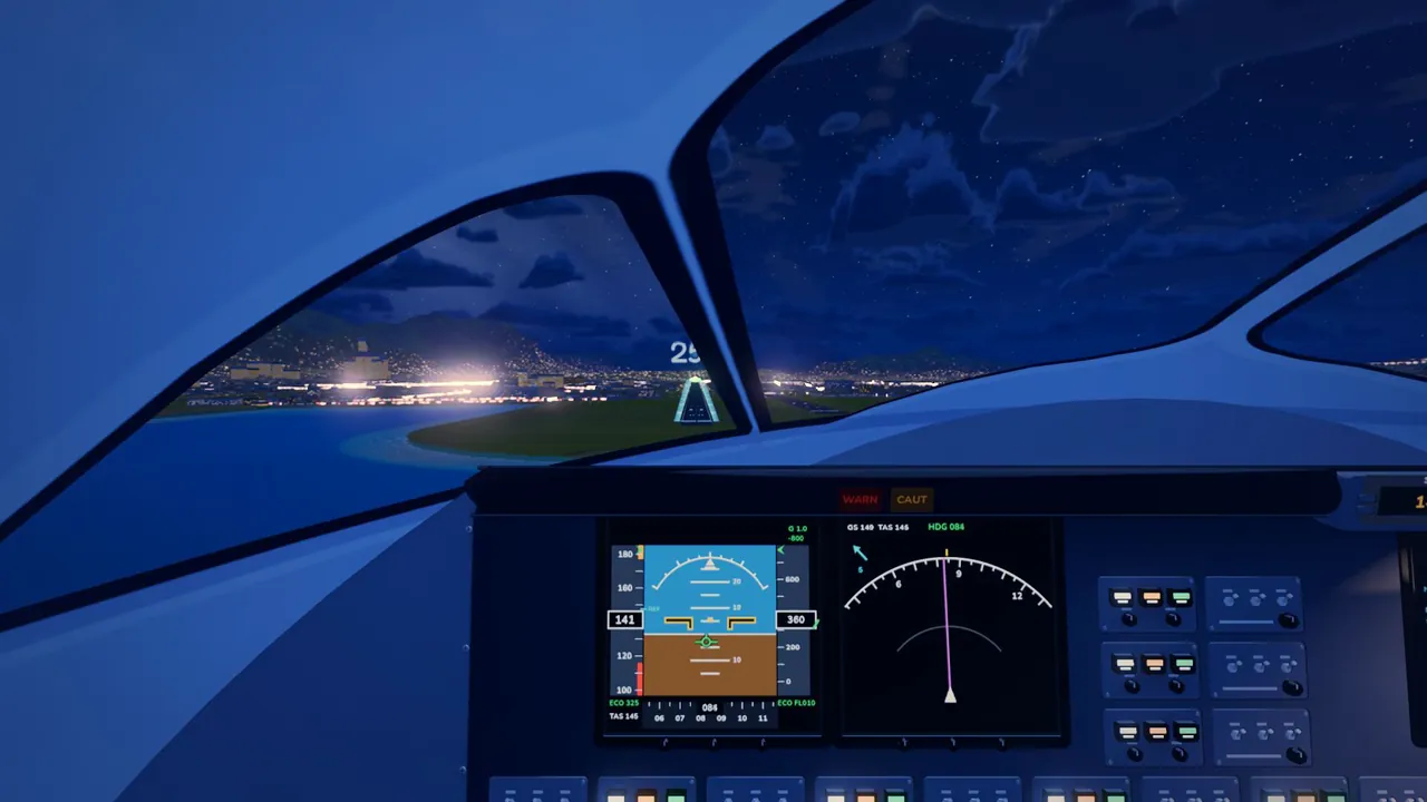 An airliner cockpit on a night approach, the runway lights ahead