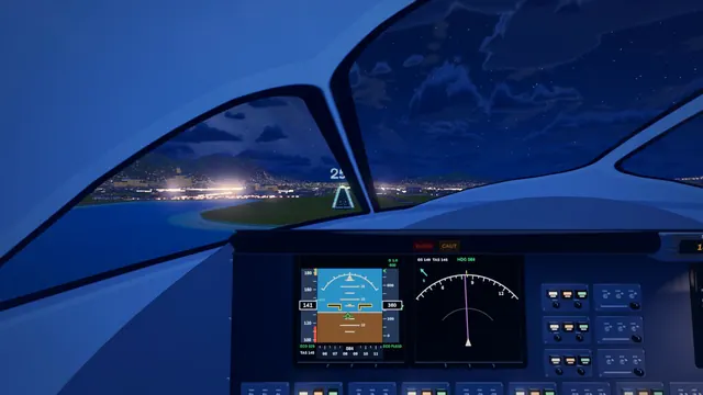 An airliner cockpit on a night approach, the runway lights ahead