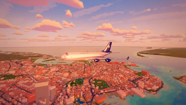 A superjumbo over a big city at sunset