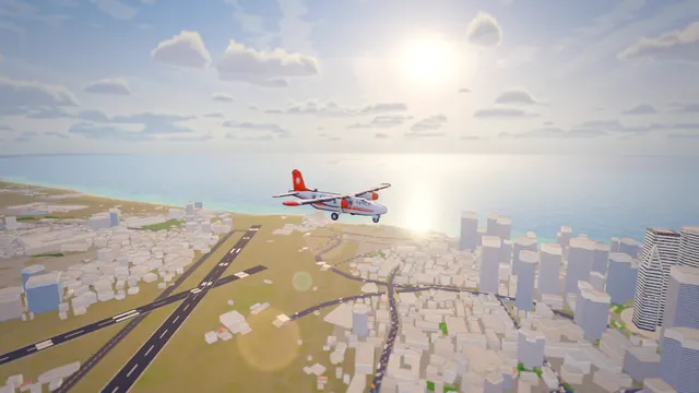 A twin turboprop flying along a sunny city coast